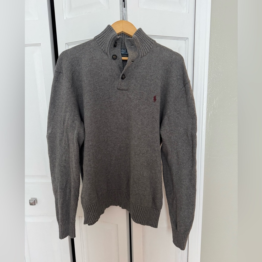 Ralph Lauren Men's Charcoal Gray Button Mock Neck Sweater with Red Pony